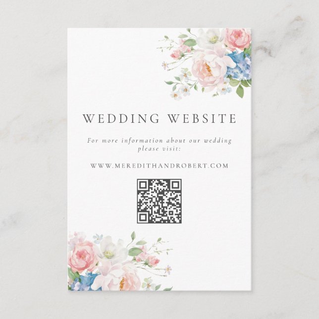 Blue & Pink Pastel Floral QR Wedding Website Enclosure Card (Front)
