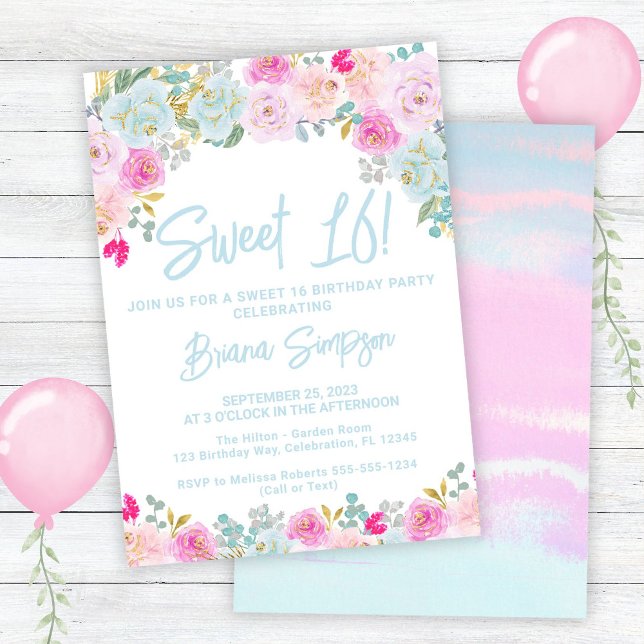 Blue Pink Peach Floral Sweet 16 Birthday Party Invitation (Creator Uploaded)