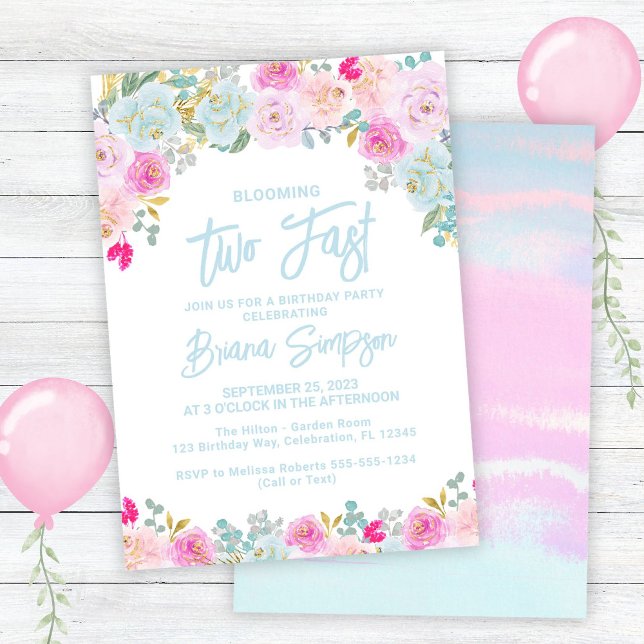 Blue Pink Peach Floral Too Fast Birthday Invitation (Creator Uploaded)