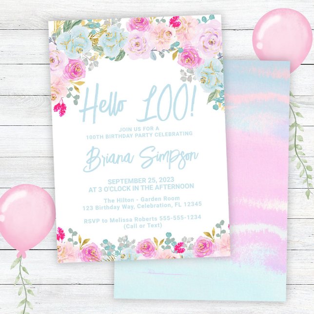 Blue Pink Peach Purple Floral 100th Birthday Party Invitation (Creator Uploaded)