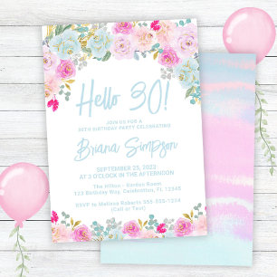 Blue Pink Peach Purple Floral 30th Birthday Party Invitation