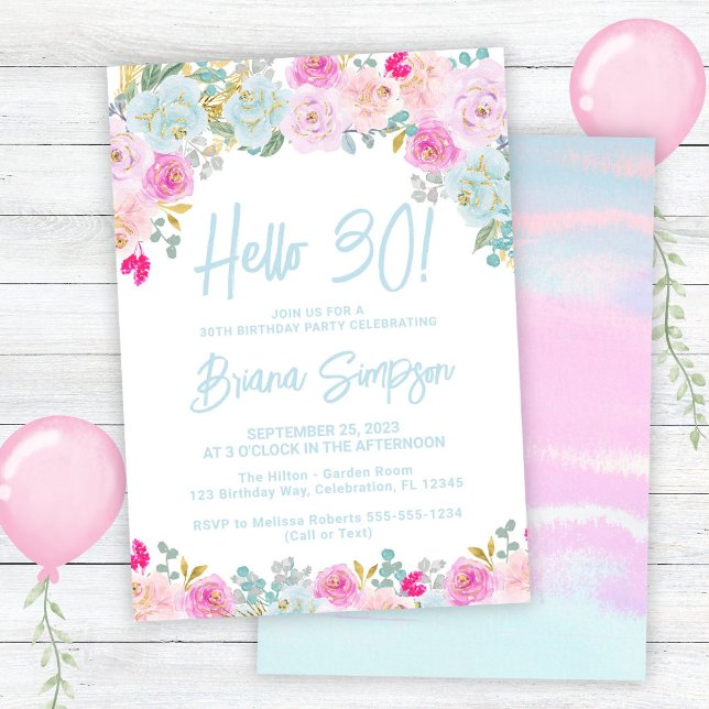 Blue Pink Peach Purple Floral 30th Birthday Party Invitation (Creator Uploaded)