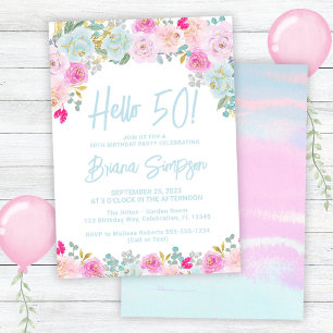 Blue Pink Peach Purple Floral 50th Birthday Party Invitation