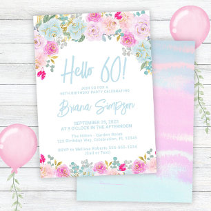 Blue Pink Peach Purple Floral 60th Birthday Party Invitation