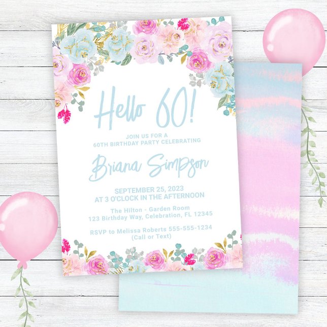 Blue Pink Peach Purple Floral 60th Birthday Party Invitation (Creator Uploaded)