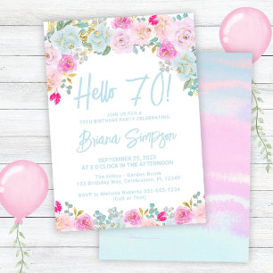Blue Pink Peach Purple Floral 70th Birthday Party Invitation