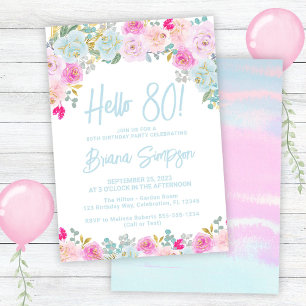 Blue Pink Peach Purple Floral 80th Birthday Party Invitation
