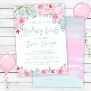 Blue Pink Peach Purple Floral Birthday Party Invitation