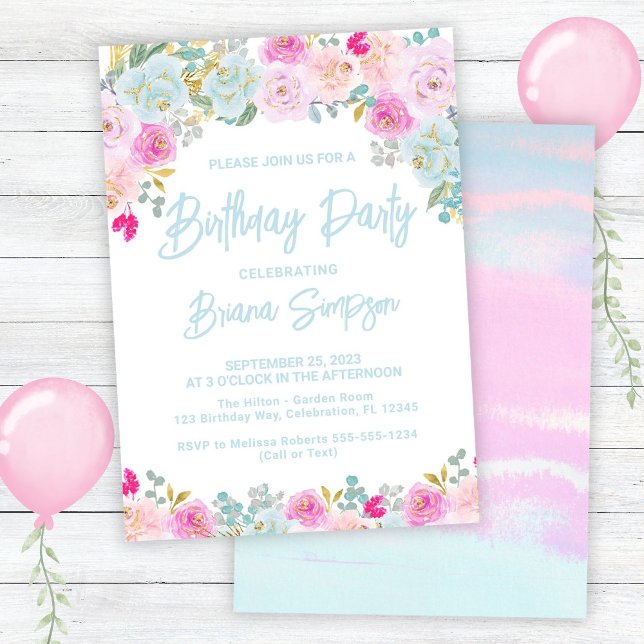 Blue Pink Peach Purple Floral Birthday Party Invitation (Creator Uploaded)