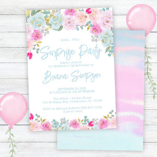 Blue Pink Peach Purple Floral Surprise Party Invitation