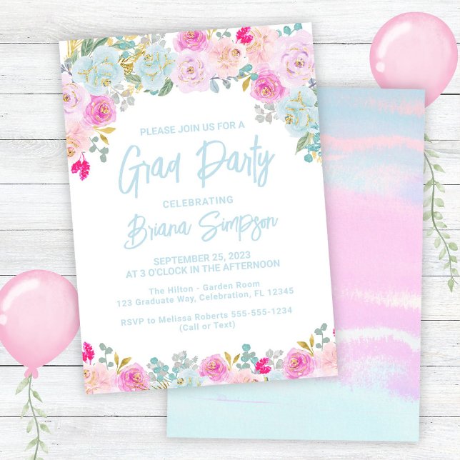 Blue Pink Peach Purple Graduation Grad Party Invitation (Creator Uploaded)