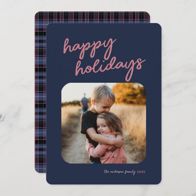 Blue Pink Plaid 1-Photo Happy Holidays Script Holiday Card (Front/Back)