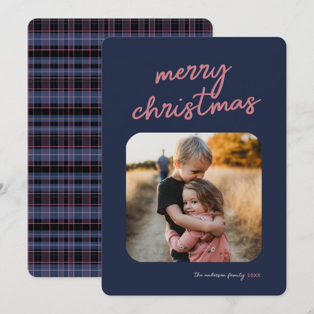 Blue Pink Plaid 1-Photo Merry Christmas Script Holiday Card (Front/Back)