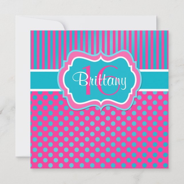 Blue, Pink Polka Dot Sixteenth Birthday Invitation (Front)