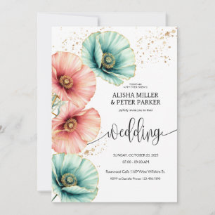 Blue & Pink  Poppy Watercolor Wedding Invitation