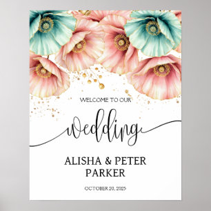 Blue & Pink  Poppy Watercolor Wedding Welcome  Poster