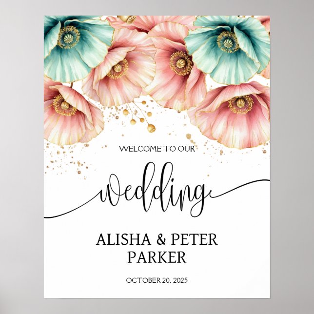 Blue & Pink  Poppy Watercolor Wedding Welcome  Poster (Front)