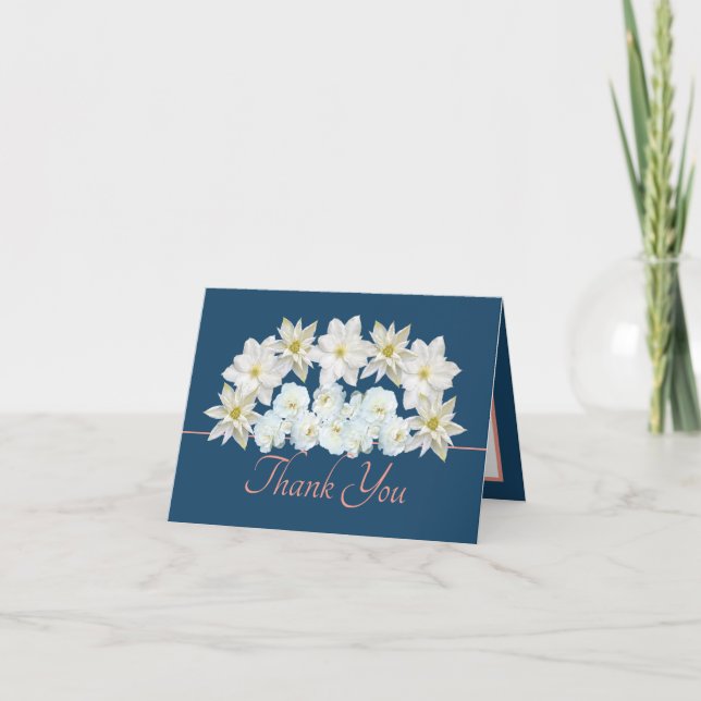 Blue Pink Pretty White Flowers Bouquet Thank You Card (Front)