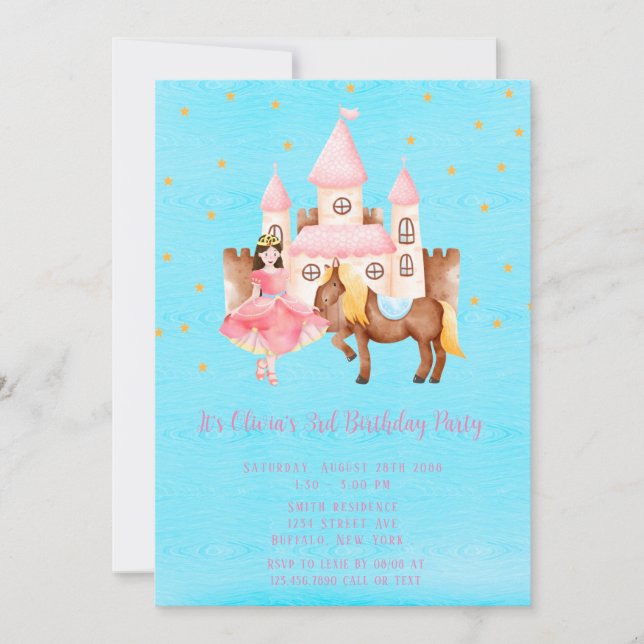 Blue Pink Princess Castle Horse Birthday Party Invitation (Front)