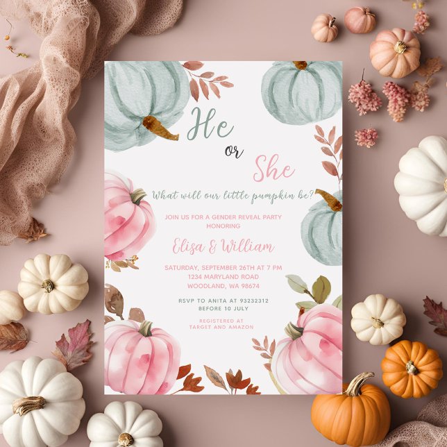 Blue Pink Pumpkin Fall Gender Reveal Invitation (Creator Uploaded)