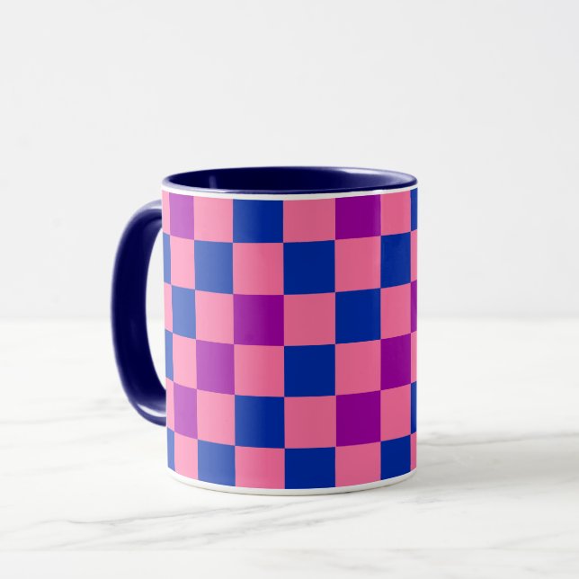 Blue Pink Purple Chequered Pattern Design  Mug (Front Left)