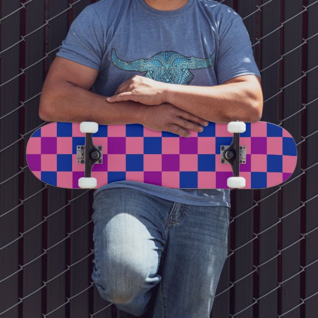 Blue Pink Purple Chequered Pattern Design  Skateboard (Outdoor 3)