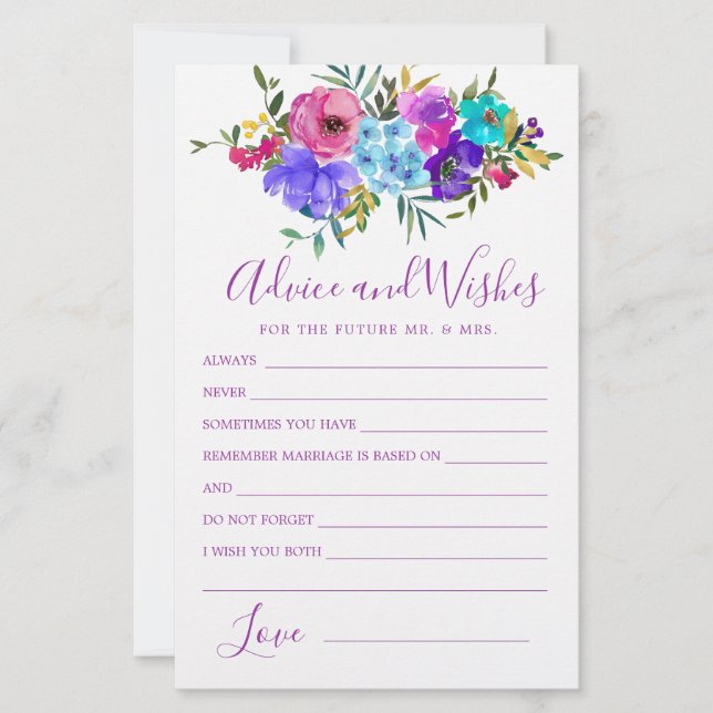 Blue Pink Purple Floral Advice and Wishes Card (Front)