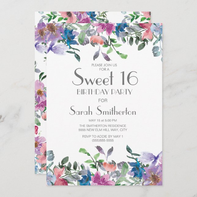 Blue Pink Purple Floral Sweet 16 Birthday Party Invitation (Front/Back)