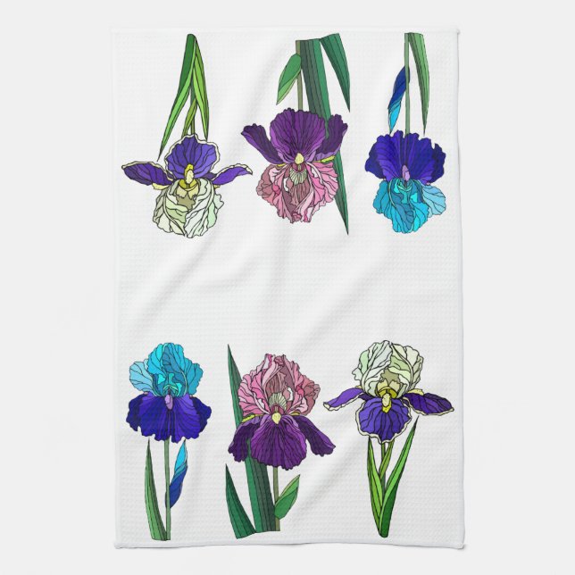 Blue, Pink, Purple Irises Tea Towel (Vertical)