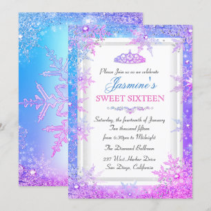 Blue Pink Purple Winter Wonderland Sweet 16 Invite