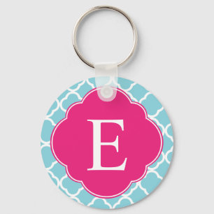 Blue Pink Quatrefoil Monogram Key Ring