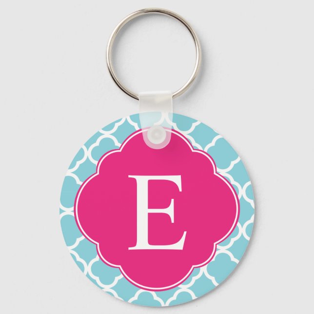 Blue Pink Quatrefoil Monogram Key Ring (Front)