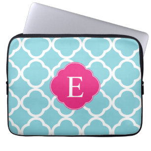 Blue Pink Quatrefoil Monogram Laptop Sleeve