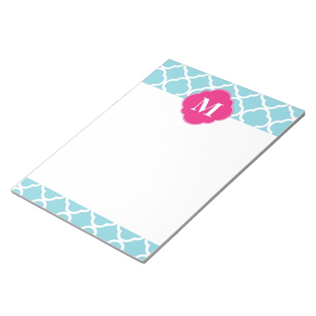 Blue Pink Quatrefoil Monogram Notepad (Angled)