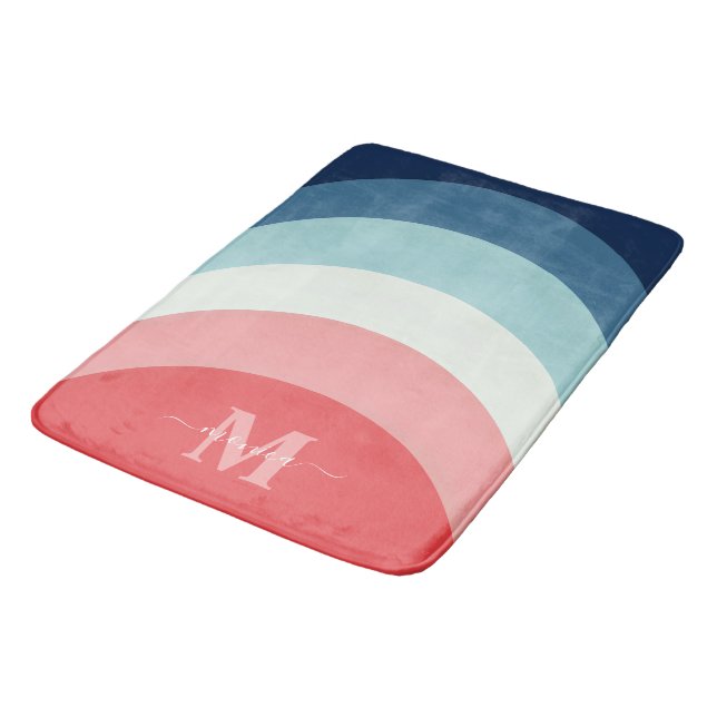 Blue Pink Rainbow Curve Stripes Monogram Name Bath Mat (Angled)