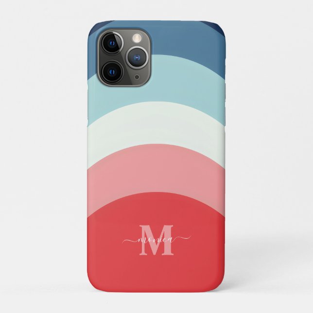 Blue Pink Rainbow Curve Stripes Monogram Name Case-Mate iPhone Case (Back)