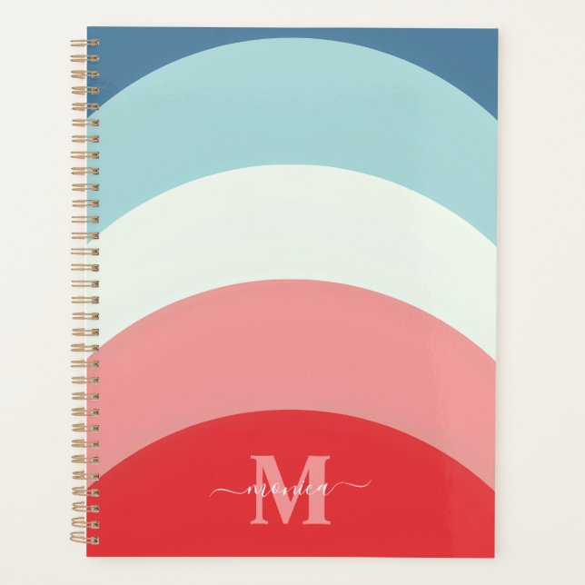 Blue Pink Rainbow Curve Stripes Monogram Name Planner (Front)
