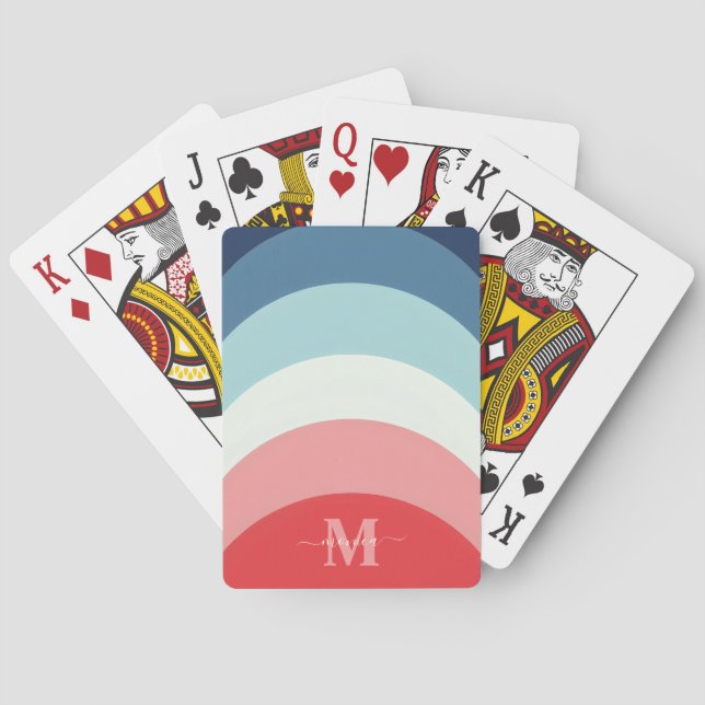 Blue Pink Rainbow Curve Stripes Monogram Name Playing Cards (Back)