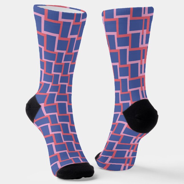 Blue Pink Red Woven Blocks Pattern Socks (Angled)