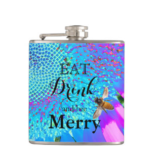 Blue pink retro funky sunflower photo hip flask