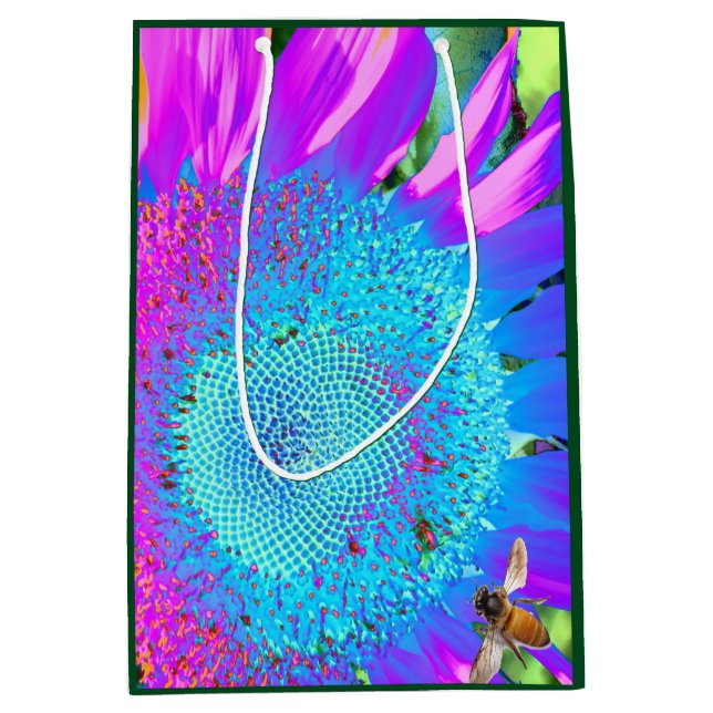 Blue pink retro funky sunflower photo medium gift bag (Front)