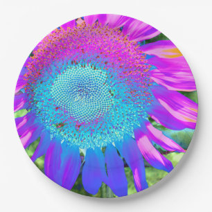 Blue pink retro funky sunflower photo  paper plate