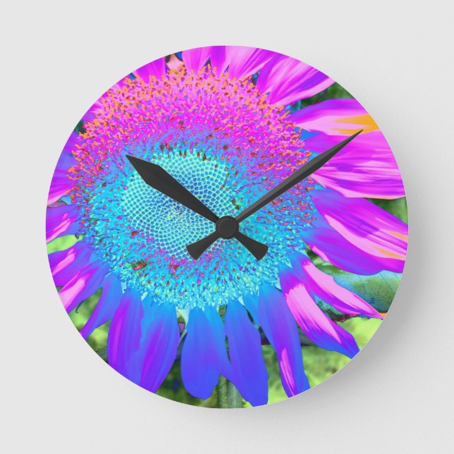 Blue pink retro funky sunflower photo round clock (Front)