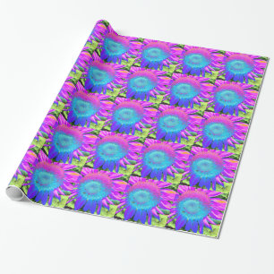 Blue pink retro funky sunflower photo wrapping paper