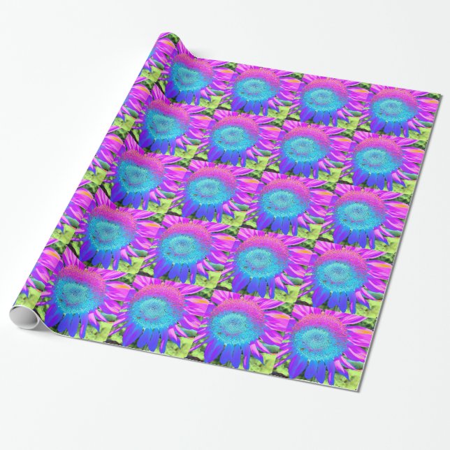 Blue pink retro funky sunflower photo wrapping paper (Unrolled)