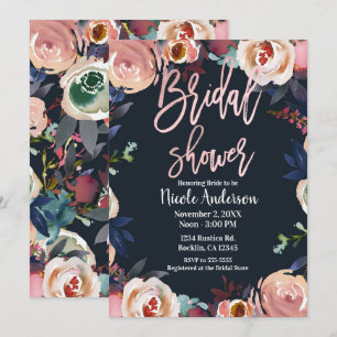 Blue Pink Rose Gold Floral Trendy Bridal Shower Invitation