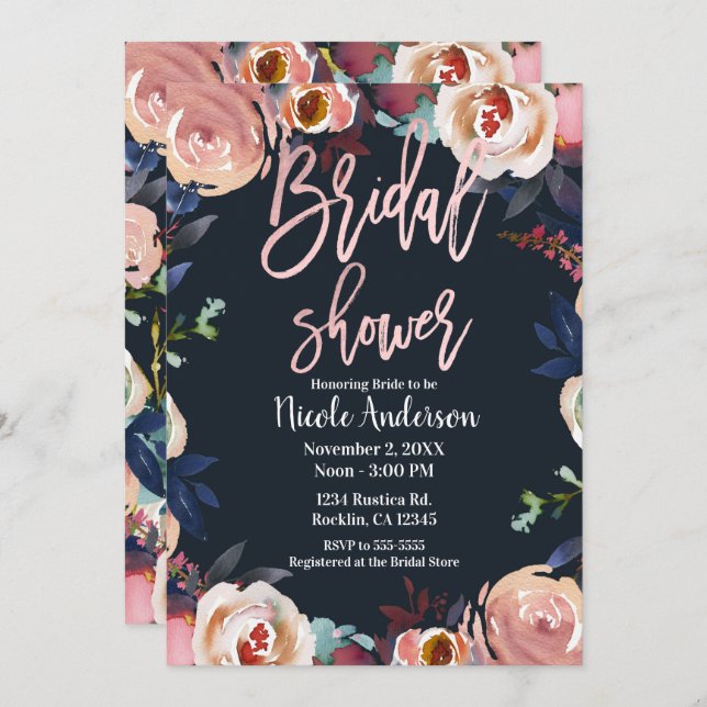 Blue Pink Rose Gold Floral Trendy Bridal Shower Invitation (Front/Back)