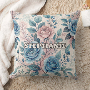 Blue & Pink Rose Pattern on Soft Pinkish-White Cushion