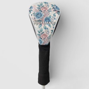 Blue & Pink Rose Pattern on Soft Pinkish-White Golf Head Cover