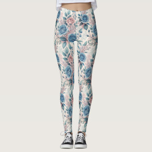 Blue & Pink Rose Pattern on Soft Pinkish-White Leggings